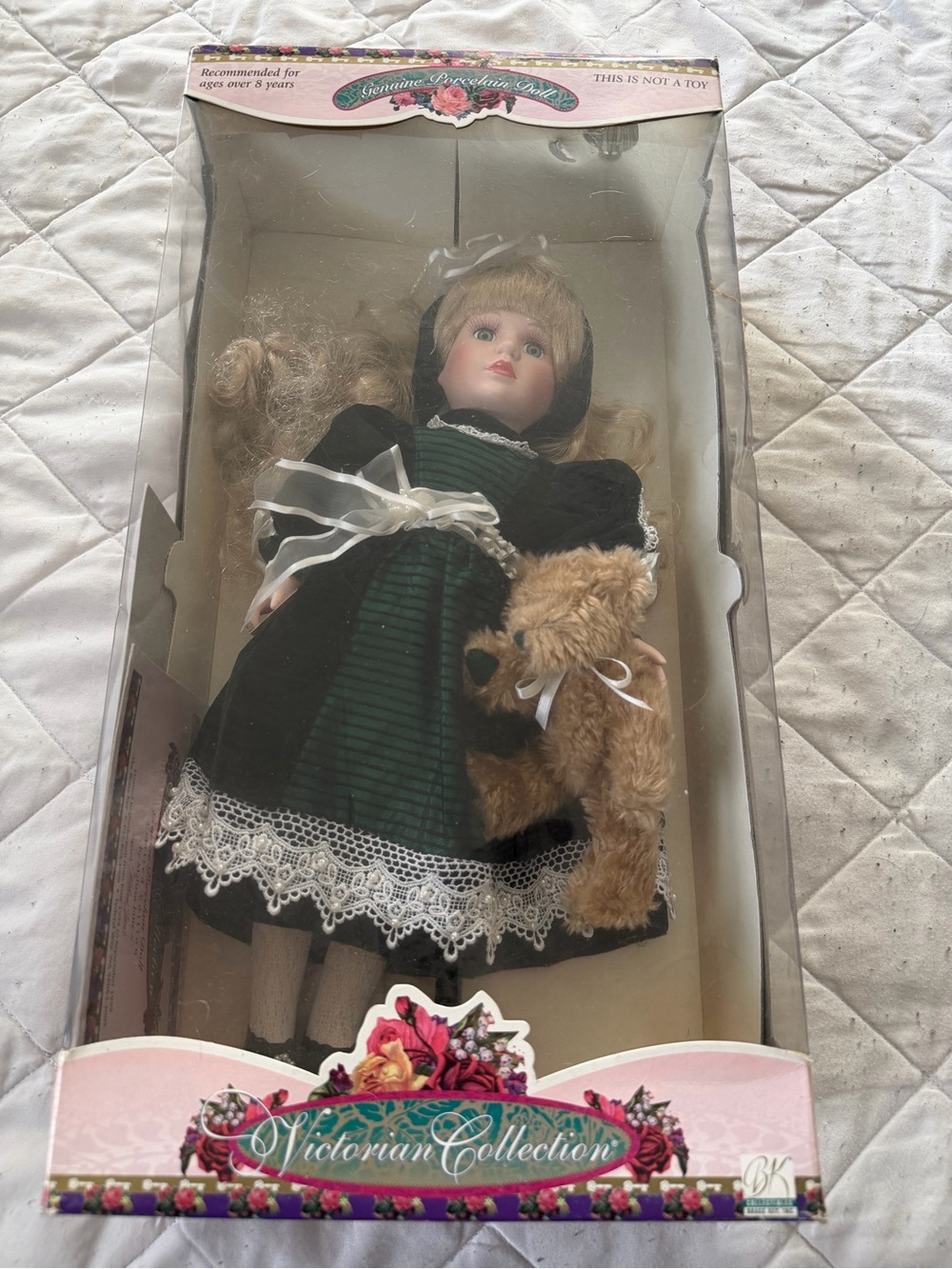 Victorian Collection Porcelain Doll with Teddy - Green & Black Dress